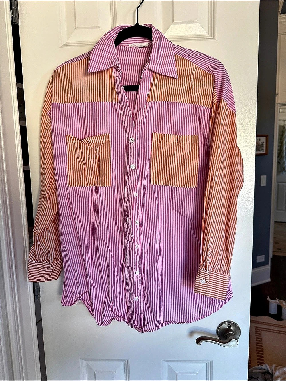 Striped Color Block Button Down in Pink & Orange